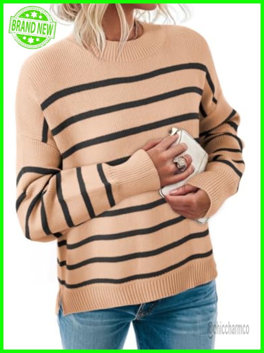 Oversized Striped Crew Neck Sweater Long Sleeve Pullover Casual Fall Winter